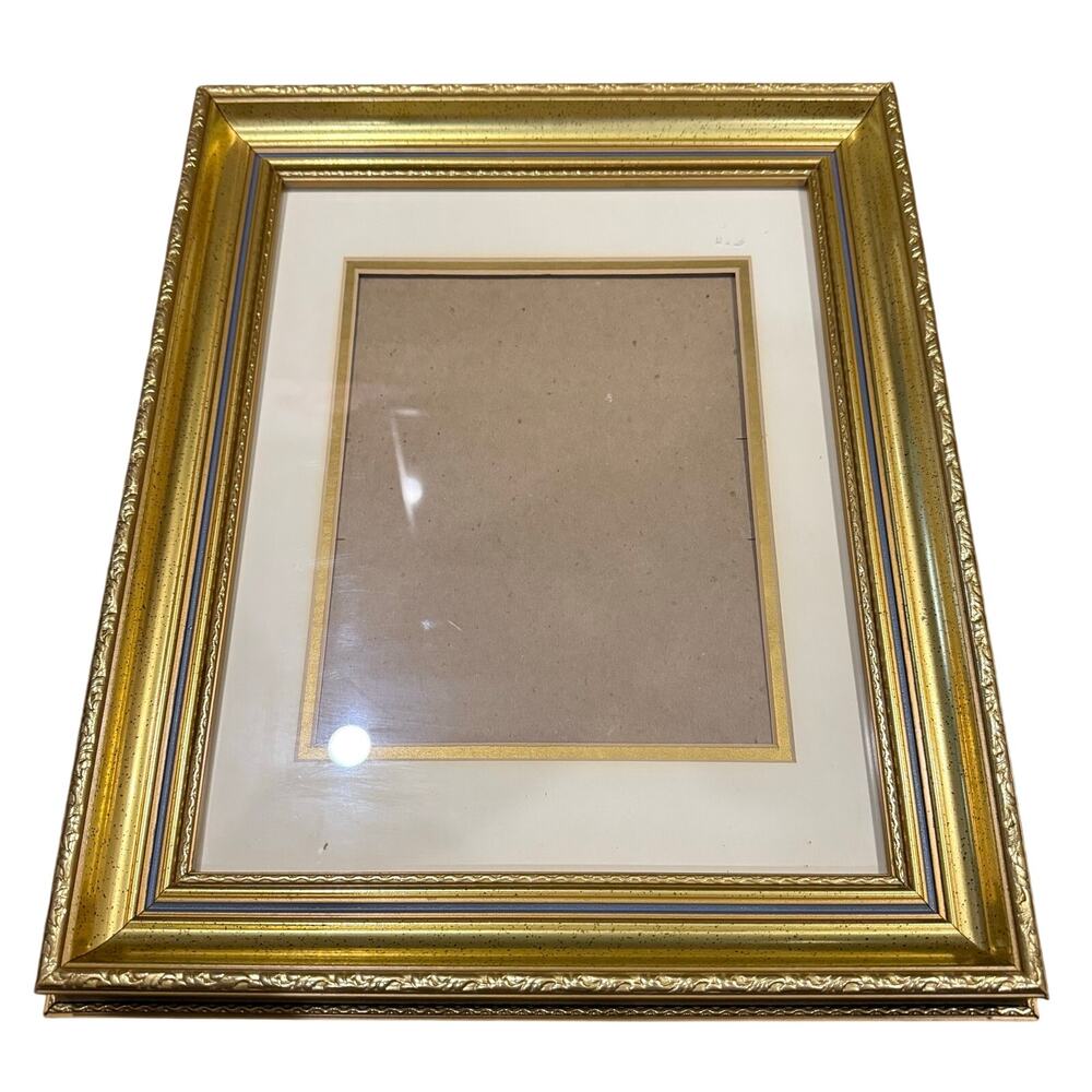Vintage Ornate Picture Frame Gold Blue Painted 11x14 Wall Hanging Matted 8x10
